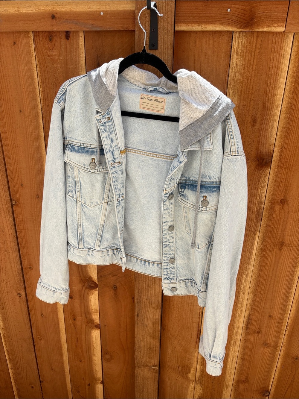 We The Free Light Blue Denim Jacket with Gray Hood